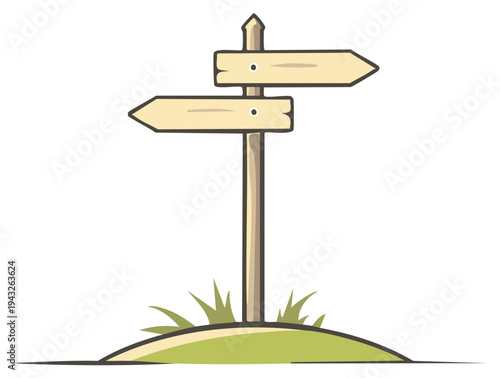 Wooden directional sign on a small grassy hill, indicating multiple ways to go in nature.
