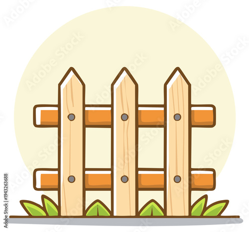 Cartoon wooden picket fence with green grass and a soft yellow background circle