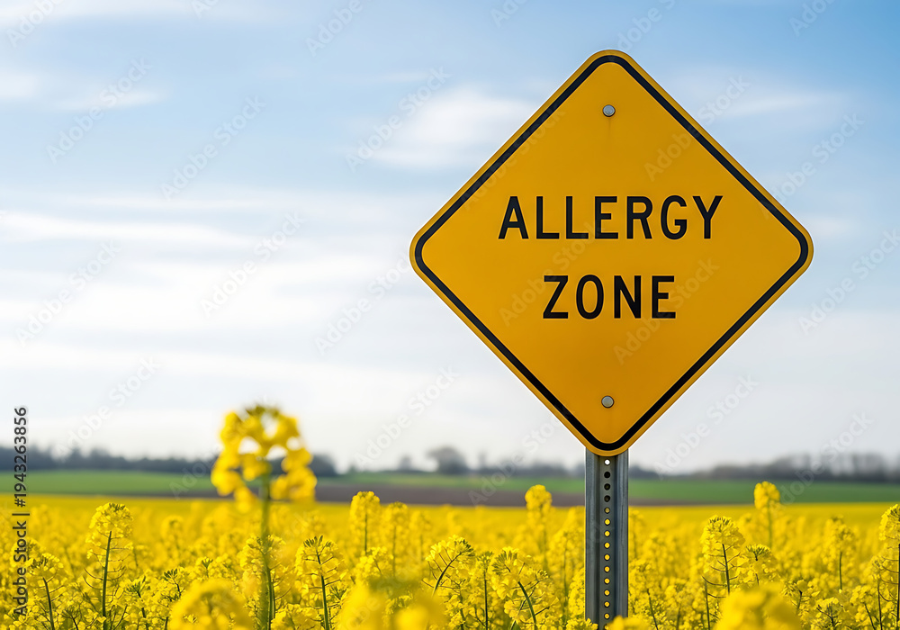 Obraz premium Allergy warning sign in a yellow flower field under clear sky 
