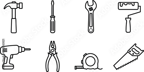 Icon bundle of essential hand tools for diy and construction