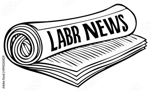 Rolled Newspaper with "LABR NEWS" Headline, Black and White Line Art
