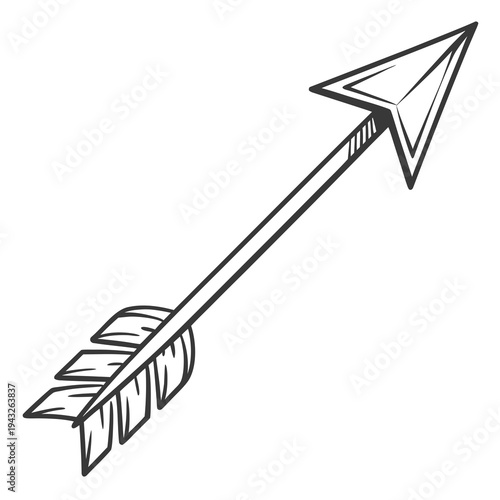 Vintage hand drawn arrow with triangular arrowhead and feathered fletching design for tribal decorative element isolated on white background art