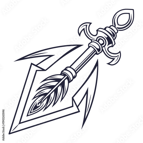 Ornate fantasy arrow design with decorative hilt and peacock feather fletching featuring intricate line work for game asset or mythical illustration