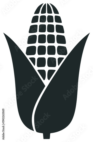 Stylized icon of a dark corn cob with green leaves, representing harvest and agriculture.