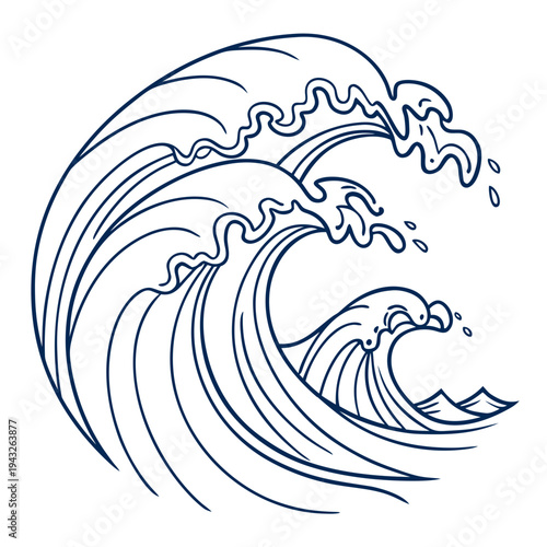Large ocean waves line art illustration, marine water movement, strong sea wave drawing for nature background, flowing blue