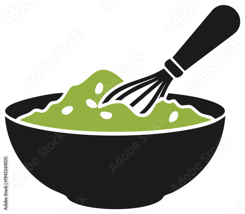 Preparing Green Salad in Black Bowl with Whisk. Cooking Recipe Illustration