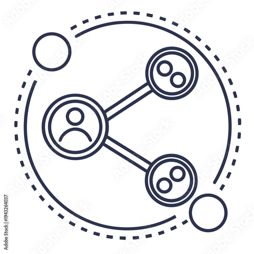 Social network connection and sharing diagram with people icons and circular communication elements representing connectivity and online interaction