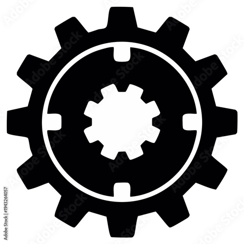 Gear icon design. Illustration of cogwheel with internal cog in black and white.