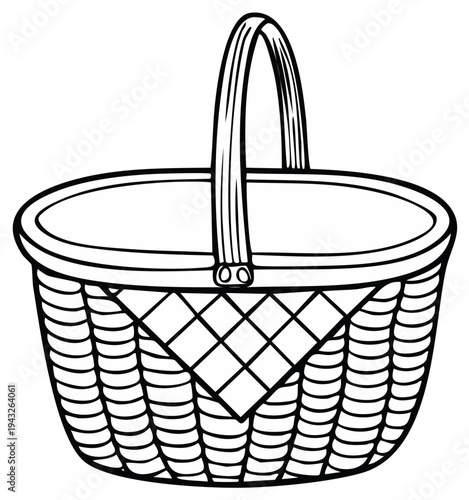 Outlined Wicker Basket for Picnic or Storage with Patterned Fabric Lining Illustration