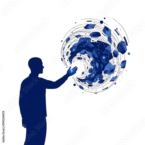 High Quality, Professional Man in blue silhouette reaching out to touch swirling blue geometric shapes and lines Stock Photo, AI Generated