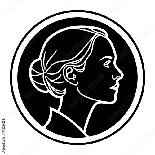 Woman face profile in a round frame with hair bun. elegant female portrait. timeless beauty and classic style graphic