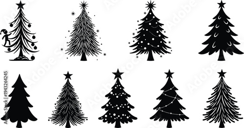 Christmas tree silhouettes, festive holiday designs, decorated and abstract variations, ornaments, stars, seasonal celebration, winter tradition, creative illustration set