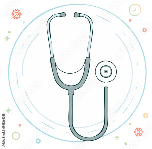 Hand drawn stethoscope icon with decorative circles and stars symbolizing health and care