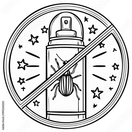 Insecticide spray bottle with beetle and prohibition sign line art illustration