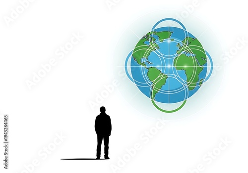 High Quality, Professional man looking at globe with intersecting circles around it on white background Stock Photo, AI Generated