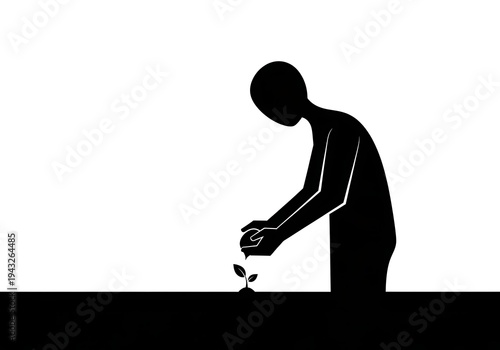 High Quality, Professional man silhouette planting a small seedling in the ground with both hands carefully outdoors Stock Photo, AI Generated