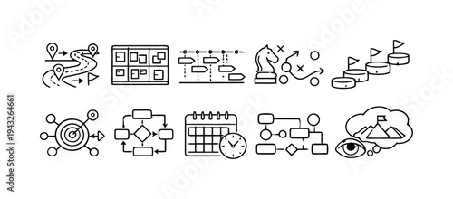 Set of strategy and planning icons for business development and project management concepts