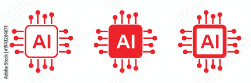 Set of three red AI processor icons with radiating circuits on white background