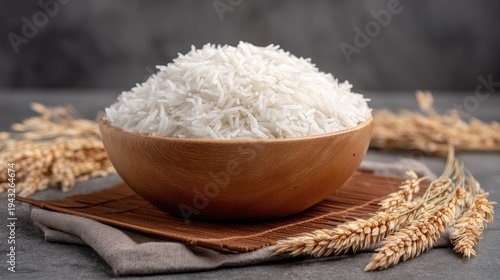 White rice in a wooden bowl rests on a bamboo mat with ears of wheat beside it against a gray background in a close-up shot