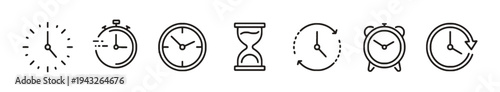 Set of time related icons including clocks, stopwatch, hourglass, and alarm clock