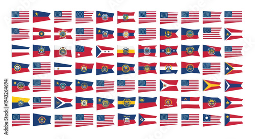 Collection of American Flags and State Flags on White Background
