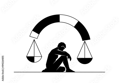 High Quality, Professional Man sitting under imbalanced scales in black and white graphic illustration Stock Photo, AI Generated