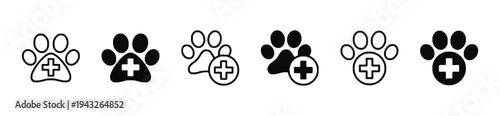 Set of veterinary clinic icons including paw prints with medical cross and animal silhouettes