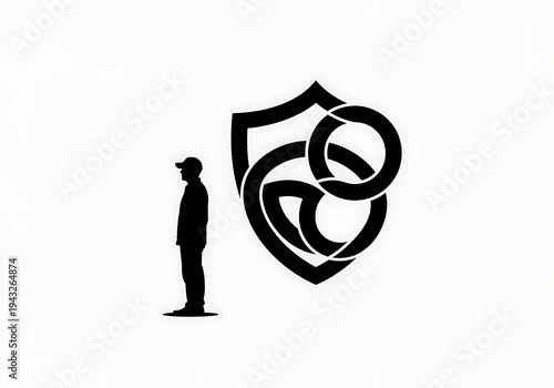 High Quality, Professional man standing next to a large shield with celtic knot design on white background Stock Photo, AI Generated