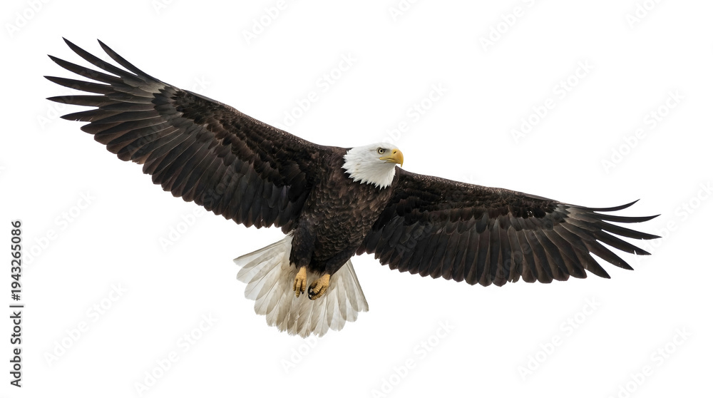 Obraz premium American bald eagle in flight with wide wings and white head isolated against a clean background