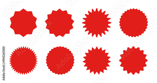 Red starburst price tags and promotional sale labels on white
