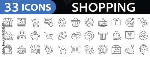 Shopping icons collection for online and retail activities featuring carts stores discounts and payments