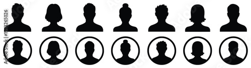 Silhouette avatars of men and women in circular frames and profile views