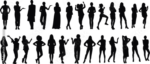 Silhouette collection of diverse women poses for graphic design and vector art