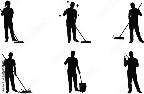 Cleaning worker silhouettes, housekeeping tasks, hygiene maintenance, sweeping, mopping, scrubbing, sanitation, janitorial work, cleanliness concept, domestic chores, workplace cleaning illustration