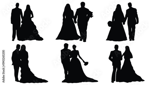 Silhouette of wedding couples in various poses, happy bride and groom in formal attire, marriage celebration vector set