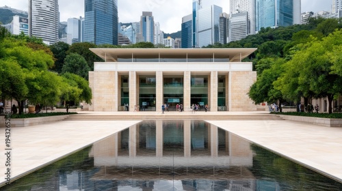 View of tall buildings and a park with green trees under a blue sky during a sunny day in a busy business center