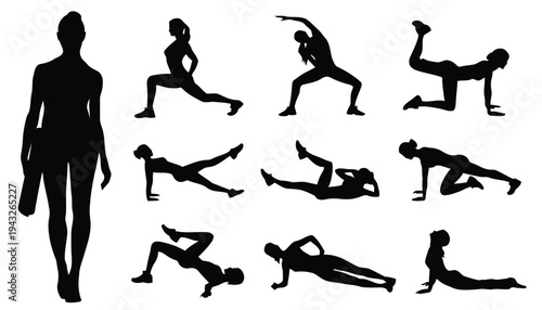 Silhouettes of a woman performing various fitness exercises, promoting healthy lifestyle
