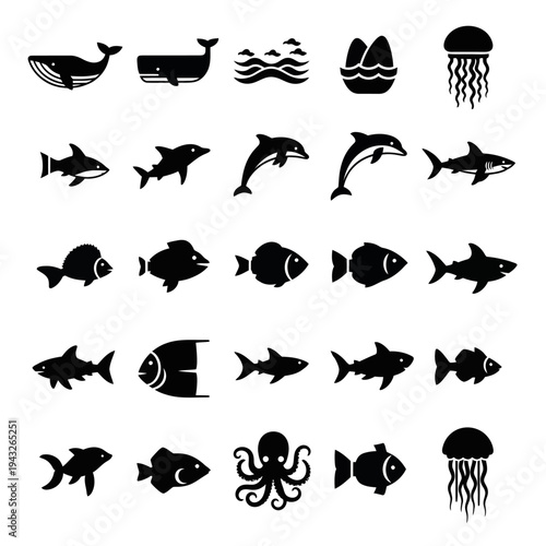 A collection of black ocean creature icons, including whales, dolphins, fish, and jellyfish, arranged in rows on a white background.