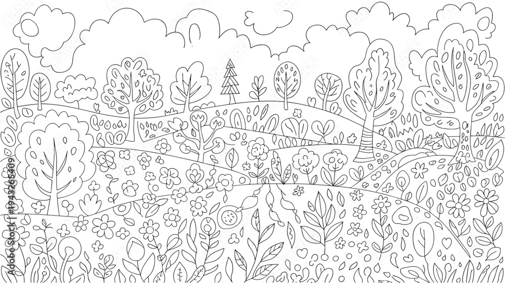Obraz premium black and white line art illustration of landscape with flowers and tr