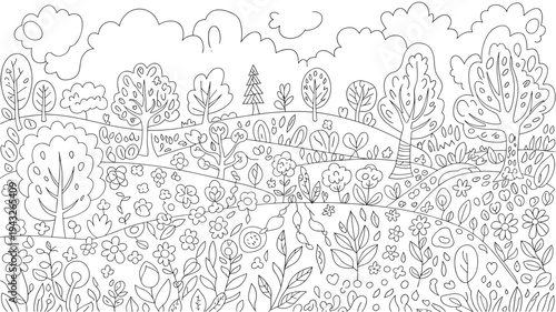 black and white line art illustration of landscape with flowers and tr