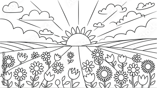 Black and white line art illustration of sunny flower field