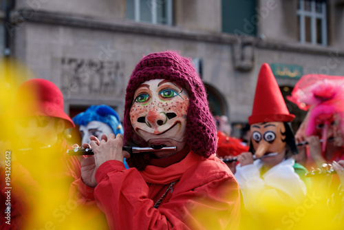Basel Carnival Fasnacht 2026 (Basler Fasnacht) in Switzerland. Colorful participants of the parade Cortege. (Cortège)     