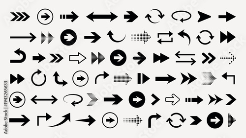 Collection of black arrow icons in various styles and directions. Arrows include straight, curved, and circular designs, offering diverse navigation options. Element vector set.