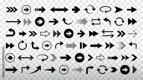 Collection of black arrow icons in various styles and directions. Arrows include straight, curved, and circular designs, offering diverse navigation options. Element vector set.