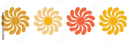 Retro sun or flower pattern set in yellow and orange, featuring groovy abstract wavy rays on a light background, sun or daisy round-shaped icons, perfect for summer prints, posters, and decorative 