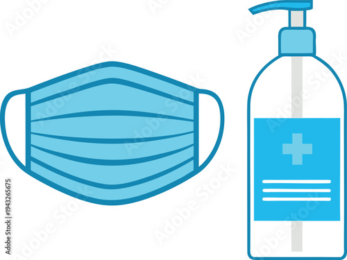 A medical face mask and a bottle of hand sanitizer on a white background