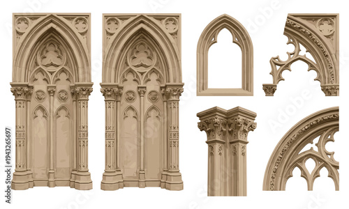 Detailed Gothic architectural illustrations of ornate doorways, pointed arches, tracery windows, and decorative columns with foliage motifs, ideal for history, design, or restoration themes.