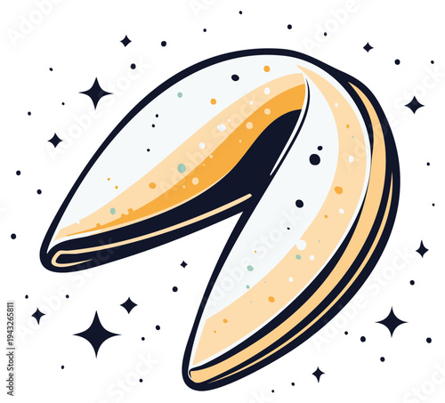 Whimsical fortune cookie with glowing stars and confetti illustration