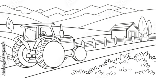 A detailed illustration of a vintage tractor and a horse-drawn carriage on a rural road