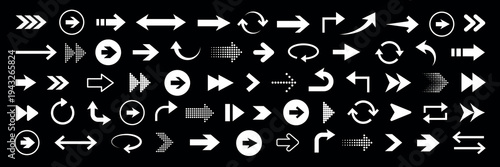 Collection of black arrow icons in various styles and directions. Arrows include straight, curved, and circular designs, offering diverse navigation options. Element vector set.